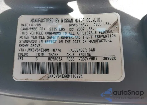2008 Infiniti G37 Journey from USA, damaged, VIN JNKCV64E68M118774
